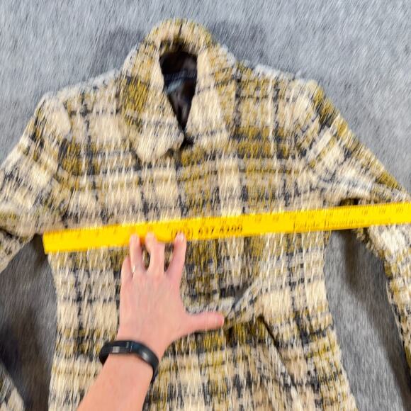 French Connection Tweed Jacket Size 4 Yellow Black Cream Belted Rounded Collar - Picture 9 of 10